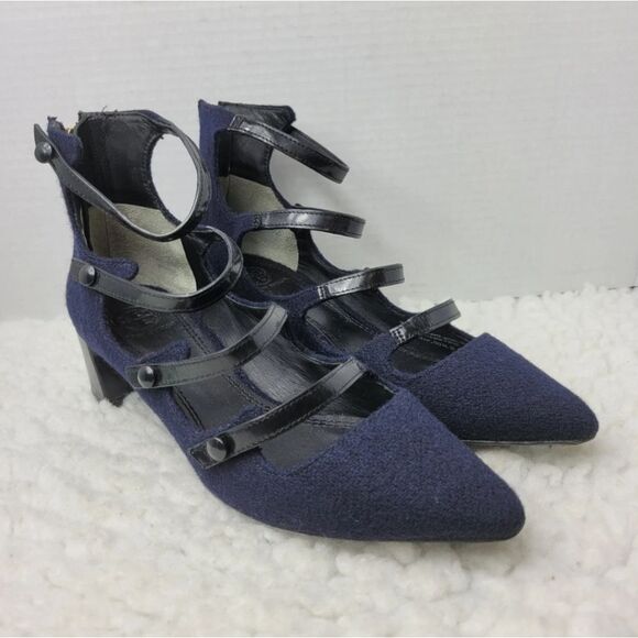 Vtg Tory Burch Womens  Strappy Pump Shoes Size 8 Navy Pointy Toe Zip Back - Picture 1 of 8